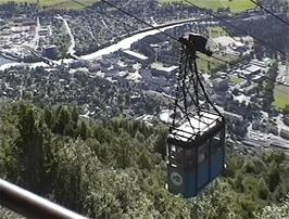 One of the cable cars of the Hangursbanen, Voss, as seen from the Cableway station on Mount Hangur